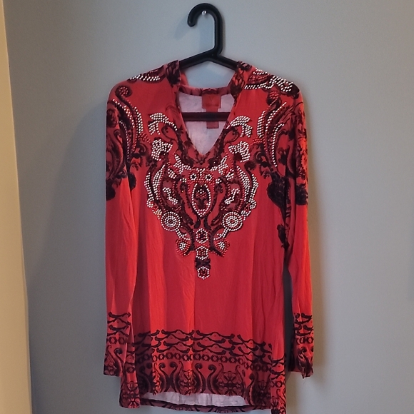 Christina Tops - V Christina Red and Black Patterned Embellished Blouse
